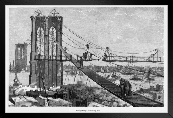 Brooklyn Bridge Construction Engraving 1877 Black Wood Framed Poster 14x20