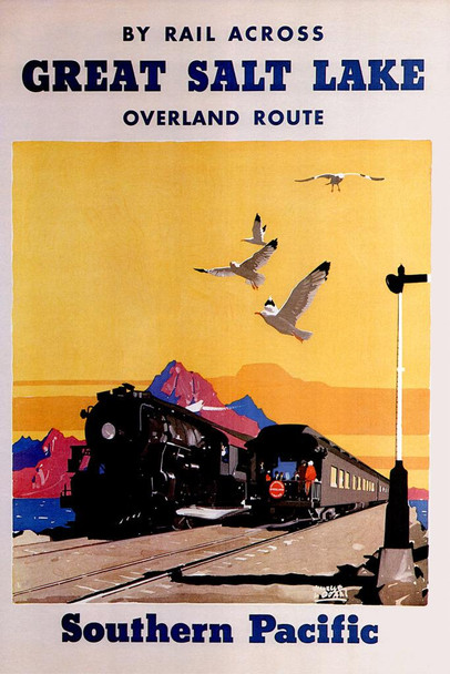 Great Salt Lake Southern Pacific Overland Route Train Railroad Vintage Illustration Travel Stretched Canvas Art Wall Decor 16x24