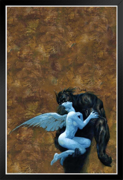 Beauty Beast Black Monster Winged Blue Female Creature by Ciruelo Artist Painting Fantasy Black Wood Framed Poster 14x20