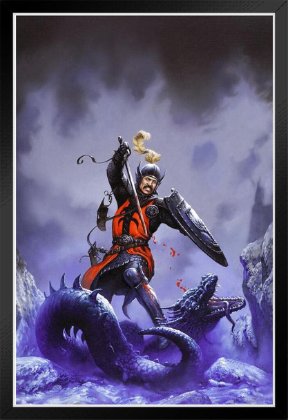 Sir Lancelot Knight Dragon Slayer by Ciruelo Fantasy Painting Gustavo Cabral Black Wood Framed Poster 14x20