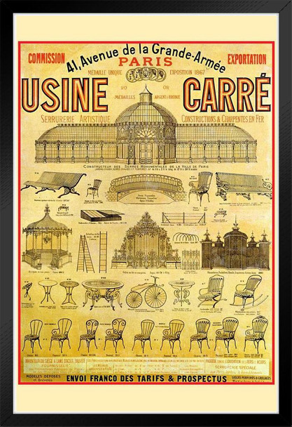 Usine Carre Shopping Paris Vintage Illustration Travel Art Deco Vintage French Wall Art Nouveau French Advertising Vintage Poster Prints Art Nouveau Decor Black Wood Framed Poster 14x20