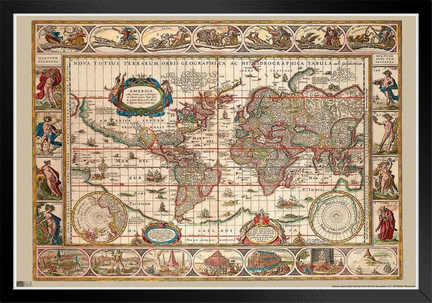 Ancient World Map Latin Illustration Black Wood Framed Poster 14x20