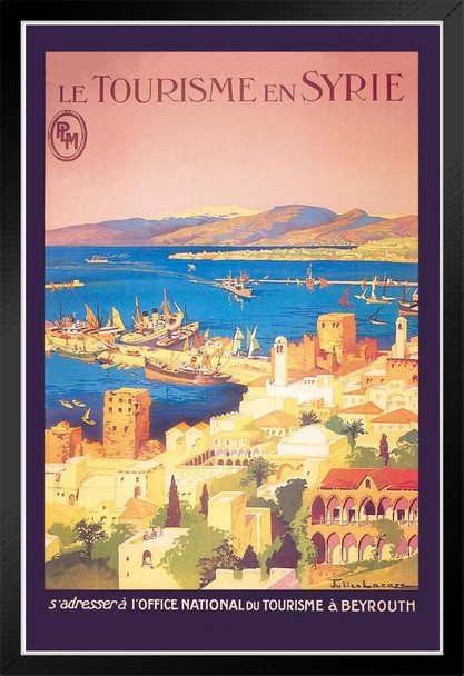 Beirut Lebanon Beyrouth Middle East Mediterranean Sea Coast Vintage Travel Ad Advertisement Black Wood Framed Poster 14x20