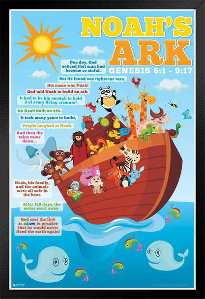 Noahs Ark Genesis Nursery Animals Inspirational Quote Kids Room Decoration Black Wood Framed Poster 14x20