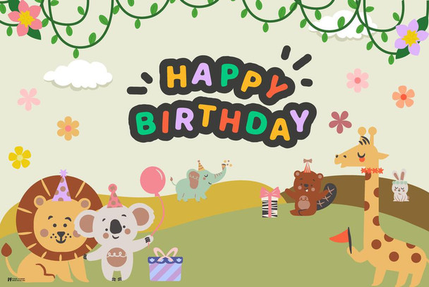 Happy Birthday Banner Safari Theme Wall Art Photo Backdrop Baby Boy Party Decorations Supplies Colorful Kids Reusable Photobooth Background Gift for Children Cool Wall Art Print Poster 12x18