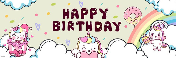 Happy Birthday Banner Unicorn Theme Wall Art Photo Backdrop Baby Girl Party Decorations Supplies Colorful Kids Reusable Photobooth Background Gift for Children Cool Wall Art Print Poster 36x12