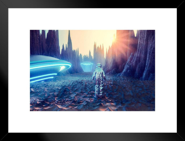 Fantasy Alien Planet Astronaut With UFOs Matted Framed Wall Decor Art Print 20x26