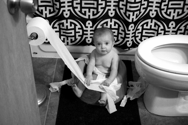 Bathroom Terror Baby Caught in the Act Playing with Toilet Paper Funny Photo Thick Paper Sign Print Picture 8x12