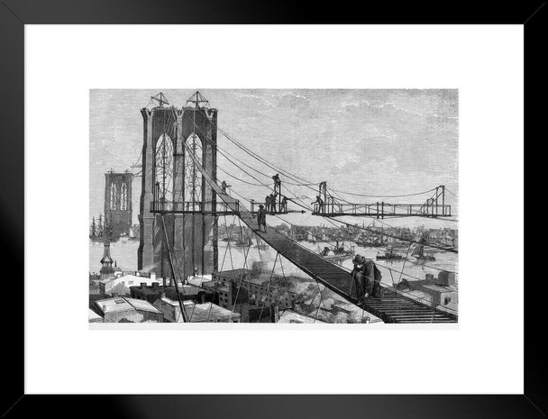Brooklyn Bridge Construction Engraving 1877 Matted Framed Wall Decor Art Print 20x26