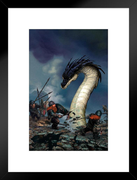 Serp Dragon Fighting Dwarves Dwarf Army by Ciruelo Fantasy Painting Gustavo Cabral Matted Framed Wall Decor Art Print 20x26