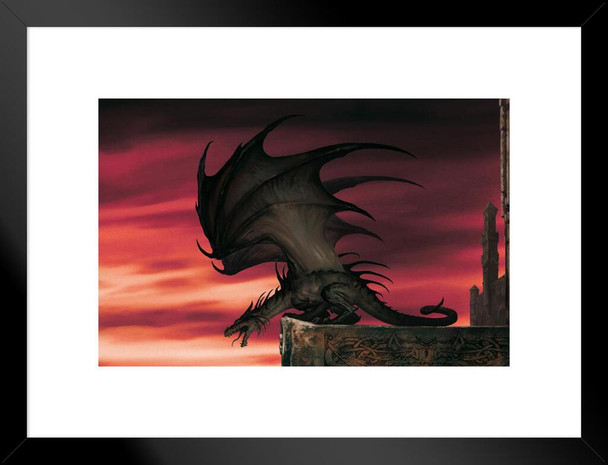 Drag Lord Dragon Roaring On Castle Rampart Sunset by Ciruelo Fantasy Painting Gustavo Cabral Matted Framed Wall Decor Art Print 20x26