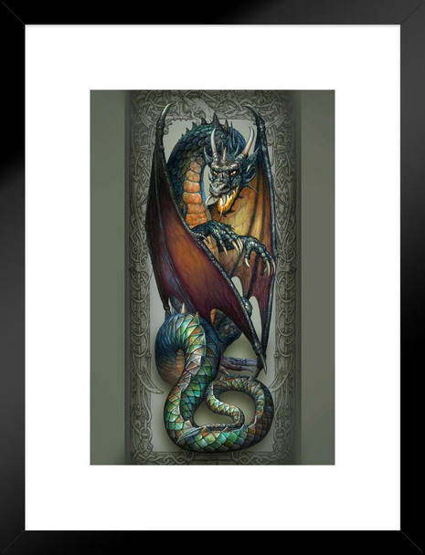 Earth Drag Dragon In Gothic Celtic Frame by Ciruelo Fantasy Painting Gustavo Cabral Matted Framed Wall Decor Art Print 20x26