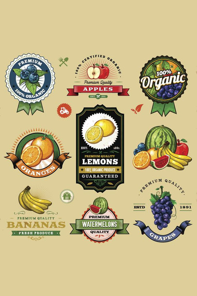 Assorted Fruit Labels Cool Wall Art Print Poster 16x24