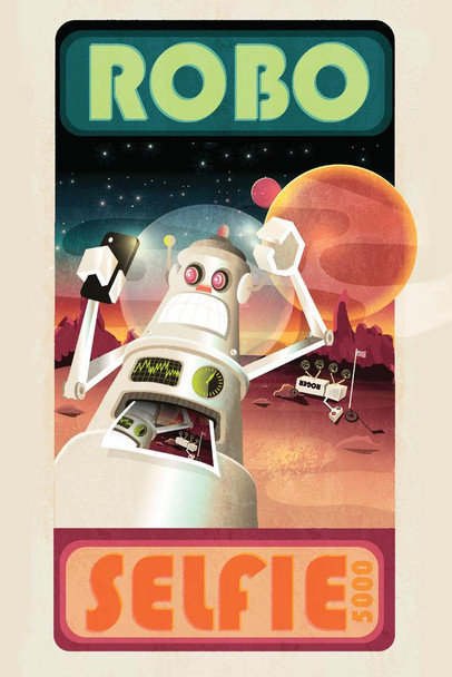 Robot selfie and mars or outerspace scene Cool Wall Decor Art Print Poster 16x24