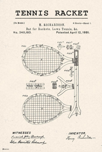 Tennis Racket Patent Racquet Retro Vintage Style Rustic Tennis Player Gift Sports Fan Man Cave Office Wall Art Living Room Decor Thick Paper Sign Print Picture 8x12