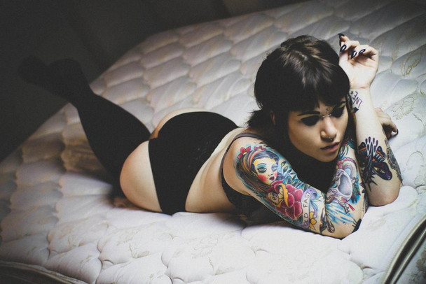 Sexy Tattoo Model On Bed Hot Lingerie Panties Cool Wall Decor Art Print Poster 16x24