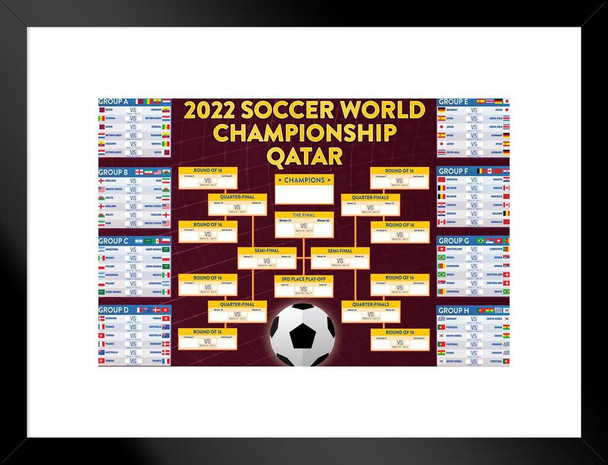 2022 Soccer World Championship Qatar Wall Chart Competition Bracket Matted Framed Wall Decor Art Print 20x26