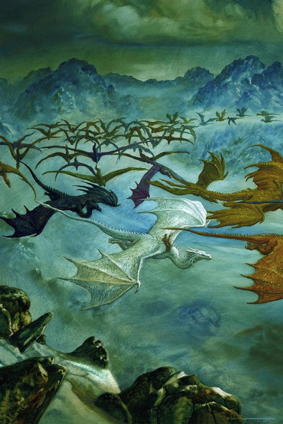Laminated Turn Dragon Flock White Rider In Mountains by Ciruelo Fantasy Painting Gustavo Cabral Poster Dry Erase Wall Art 12x18