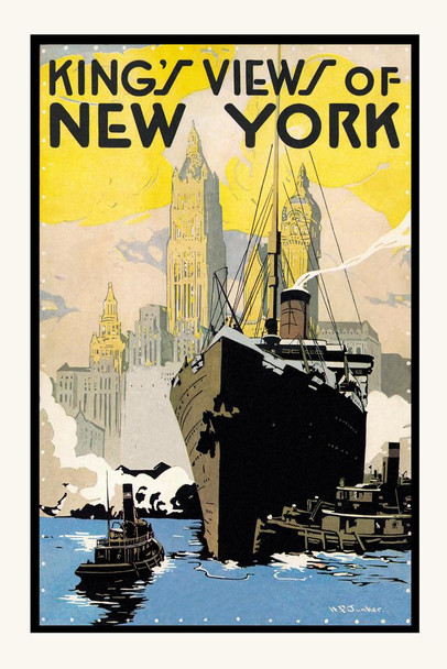 Laminated Kings View of New York City Skyline Ocean Liner Ship Boat Vintage Travel Ad Advertisement Poster Dry Erase Sign 12x18