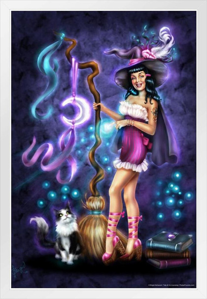 The Purrfect Spell by Brigid Ashwood Fantasy Art Wall Decor Nature Witch Illustration Magical Ornate Wall Art Flower Knot Pattern Spiritual Art Print Decorative White Wood Framed Poster 14x20