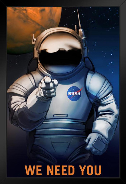 NASA We Need You Mars Exploration Astronaut Geeky Solar System Science Nebula Milky Way Aesthetic Trendy Black Wood Framed Art Poster 14x20