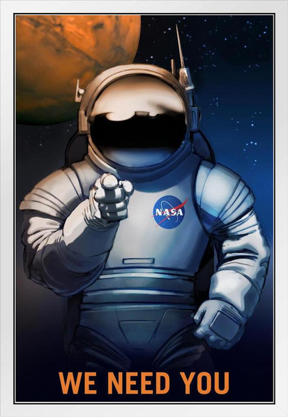 NASA We Need You Mars Exploration Astronaut Geeky Solar System Science Nebula Milky Way Aesthetic Trendy White Wood Framed Poster 14x20