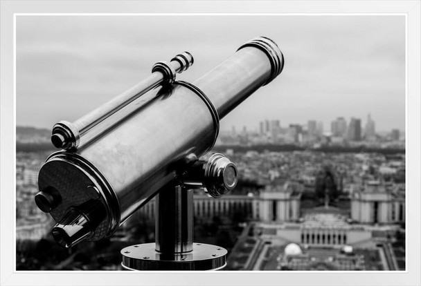 Telescope At Top Of Eiffel Tower Paris France Black and White Photo Photograph White Wood Framed Poster 20x14