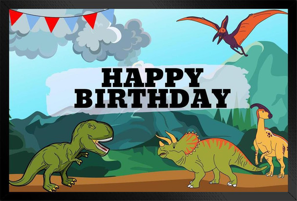 Happy Birthday Banner Dinosaur Theme Wall Art Photo Backdrop Baby Boy Party Decorations Supplies Colorful Kids Reusable Photobooth Background Gift for Children Black Wood Framed Poster 14x20