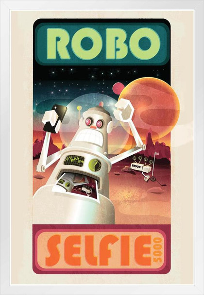 Robot selfie and mars or outerspace scene White Wood Framed Poster 14x20