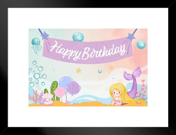 Happy Birthday Banner Mermaid Theme Wall Art Photo Backdrop Baby Girl Party Decorations Supplies Colorful Kids Reusable Photobooth Castle Background Gift Matted Framed Wall Decor Art Print 20x26