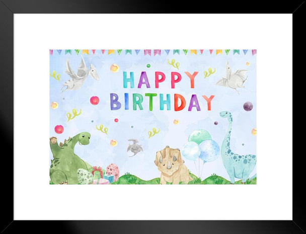 Happy Birthday Banner Cute Dinosaur Theme Wall Art Photo Backdrop Baby Boy Party Decorations Supplies Colorful Kids Reusable Photobooth Background Children Gift Matted Framed Wall Decor Art Print 20x26