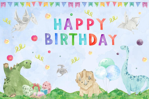 Happy Birthday Banner Cute Dinosaur Theme Wall Art Photo Backdrop Baby Boy Party Decorations Supplies Colorful Kids Reusable Photobooth Background Children Gift Cool Wall Decor Art Print Poster 24x36