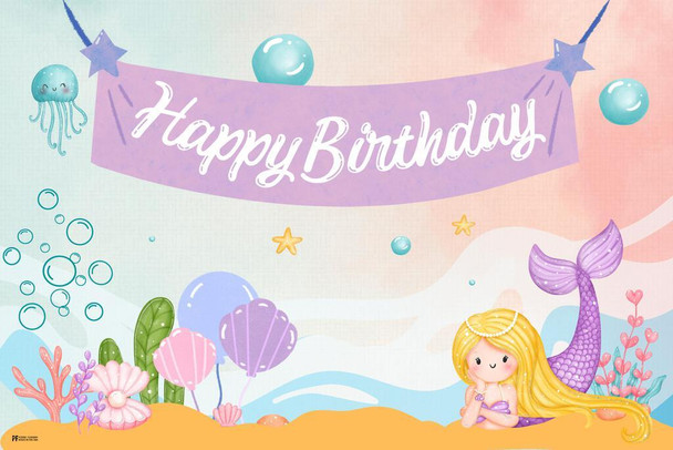 Laminated Happy Birthday Banner Mermaid Theme Wall Art Photo Backdrop Baby Girl Party Decorations Supplies Colorful Kids Reusable Photobooth Castle Background Gift Poster Dry Erase Wall Art 24x36