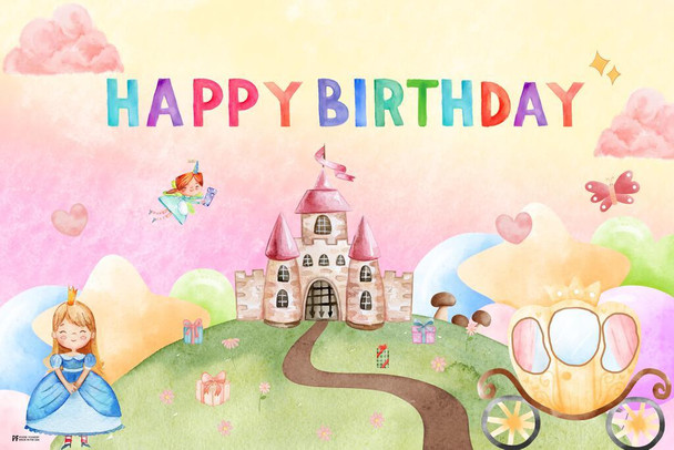 Happy Birthday Banner Princess Theme Wall Art Photo Backdrop Baby Girl Party Decorations Supplies Colorful Kids Reusable Photobooth Castle Background Gift Thick Paper Sign Print Picture 8x12