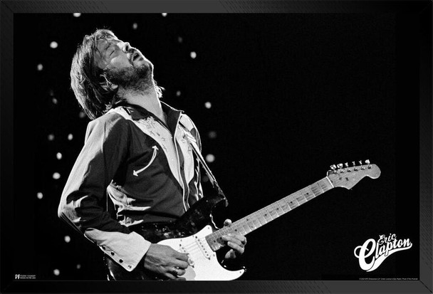 Eric Clapton Poster Vintage Wall Art Retro Love Songs Rock Music Room Dorm Office Black and White Wall Hanging Photograph Stage Performance Iconic Guitar Black Wood Framed Art Poster 14x20