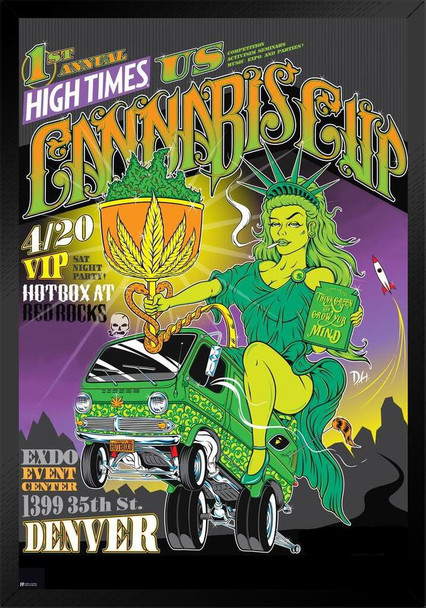 High Times Magazine Cannabis Cup Denver Poster Weed Marijuana Accessories Hippie Stuff Trippy Room Signs Hippy Art Style Stoner Event Smoking Bedroom Basement Black Wood Framed Art Poster 26x20