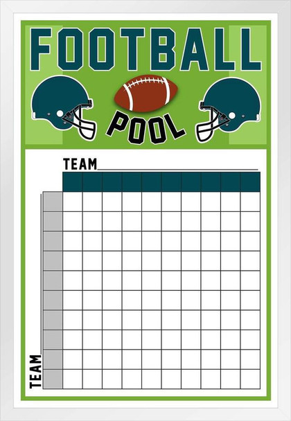 Midnight Green Silver Football Squares Board 100 Party Decorations 2023 Pool Board Blocks Supplies White Wood Framed Art Poster 14x20