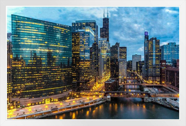 Chicago Skyline Along River at Sunset Photo Photograph White Wood Framed Poster 20x14