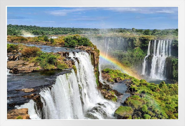 Iguazu Falls Rainbow Cataratas do Iguacu Waterfall Natural Wonder Nature Photograph Drone Photography Argentina Brazil Tropical Nature Decor Landscape Beautiful White Wood Framed Poster 14x20