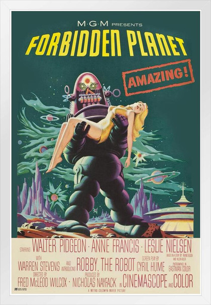 Forbidden Planet 1956 Retro Vintage Science Fiction Movies Robby The Robot 1950s Sci Fi Movies Alien UFO Classic Movie Memorabilia Kitschy Geeky Decor White Wood Framed Poster 14x20