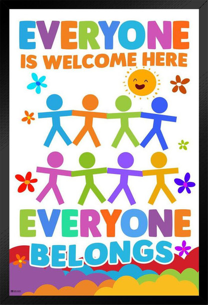Everyone Is Welcome Here Everyone Belongs Rainbow Classroom Sign Educational Teacher Supplies School Decor Teaching Toddler Kids Elementary Learning Diversity Black Wood Framed Art Poster 14x20