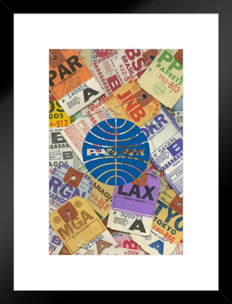 Pan Am Logo Airport Luggage Baggage Tag Collage American Vintage Travel Ad Airline American Airplane Plane Flying Matted Framed Wall Decor Art Print 20x26