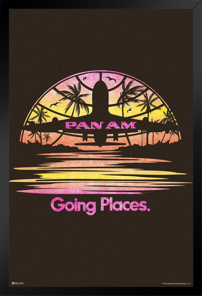 Pan Am Going Places Plane Sunset Logo American Vintage Travel Ad Airline Airport American Airplane Plane Flying Black Wood Framed Art Poster 14x20