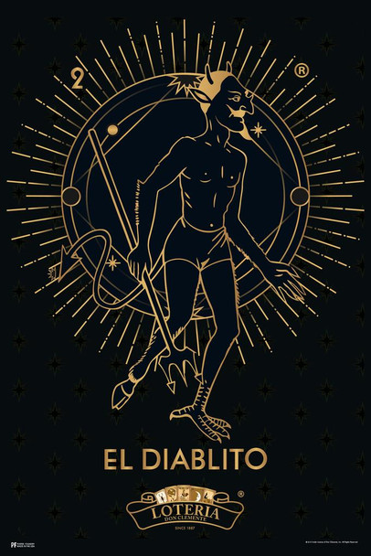 02 El Diablito Devil Loteria Card Black Gold Mexican Bingo Lottery Day Of Dead Dia Los Muertos Decorations Mexico Aesthetic Party Spanish Native Sign Cool Wall Decor Art Print Poster 16x24