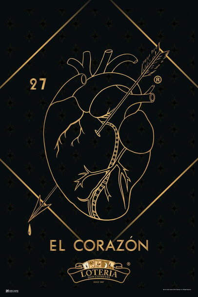 Laminated 27 El Corazon Heart Loteria Card Black Gold Mexican Bingo Lottery Day Of Dead Dia Los Muertos Decorations Mexico Love Romantic Party Spanish Native Sign Poster Dry Erase Sign 16x24