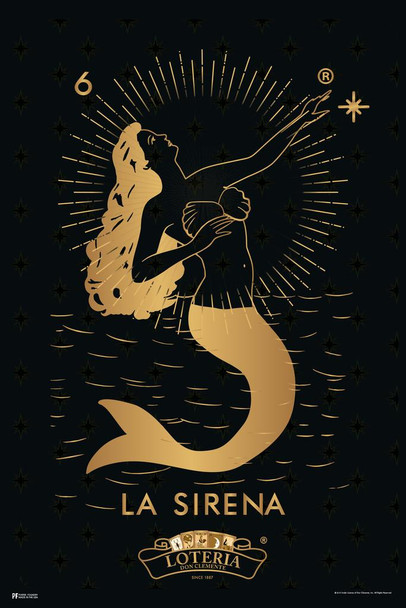 Laminated 06 La Sirena Mermaid Loteria Card Black Gold Mexican Bingo Lottery Day Of Dead Dia Los Muertos Decorations Mexico Ocean Sea Fish Party Spanish Native Sign Poster Dry Erase Sign 16x24