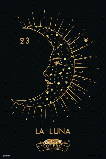 Laminated 23 La Luna Moon Loteria Card Black Gold Mexican Bingo Lottery Day Of Dead Dia Los Muertos Decorations Mexico Star Sun Sky Party Spanish Native Poster Dry Erase Wall Art 24x36
