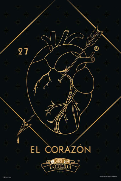 Laminated 27 El Corazon Heart Loteria Card Black Gold Mexican Bingo Lottery Day Of Dead Dia Los Muertos Decorations Mexico Love Romantic Party Spanish Native Sign Poster Dry Erase Sign 24x36