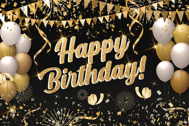 Laminated Happy Birthday Party Decorations Banner Black and Gold Glittery Balloons Photo Booth Backdrop Photography Party Supplies Decor Kids Boys Girls Men Women Poster Dry Erase Sign 12x18
