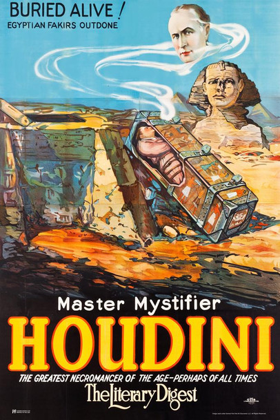 Laminated Harry Houdini Buried Alive Egyptian Escape Magic Trick Handcuffs Magician Retro Vintage Movie Art Deco Advertisement Poster Dry Erase Sign 12x18